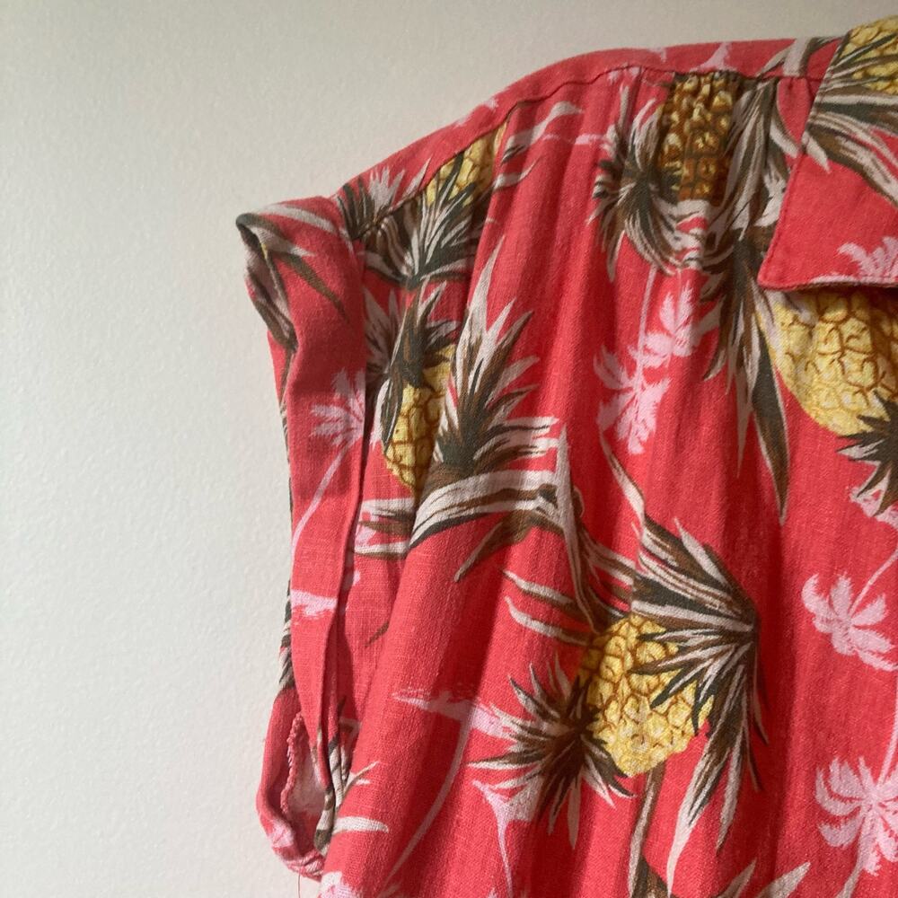 Old Navy Linen Blend Pineapple Tropical Print Shirt Dress Medium Beach Vacay - Picture 5 of 11